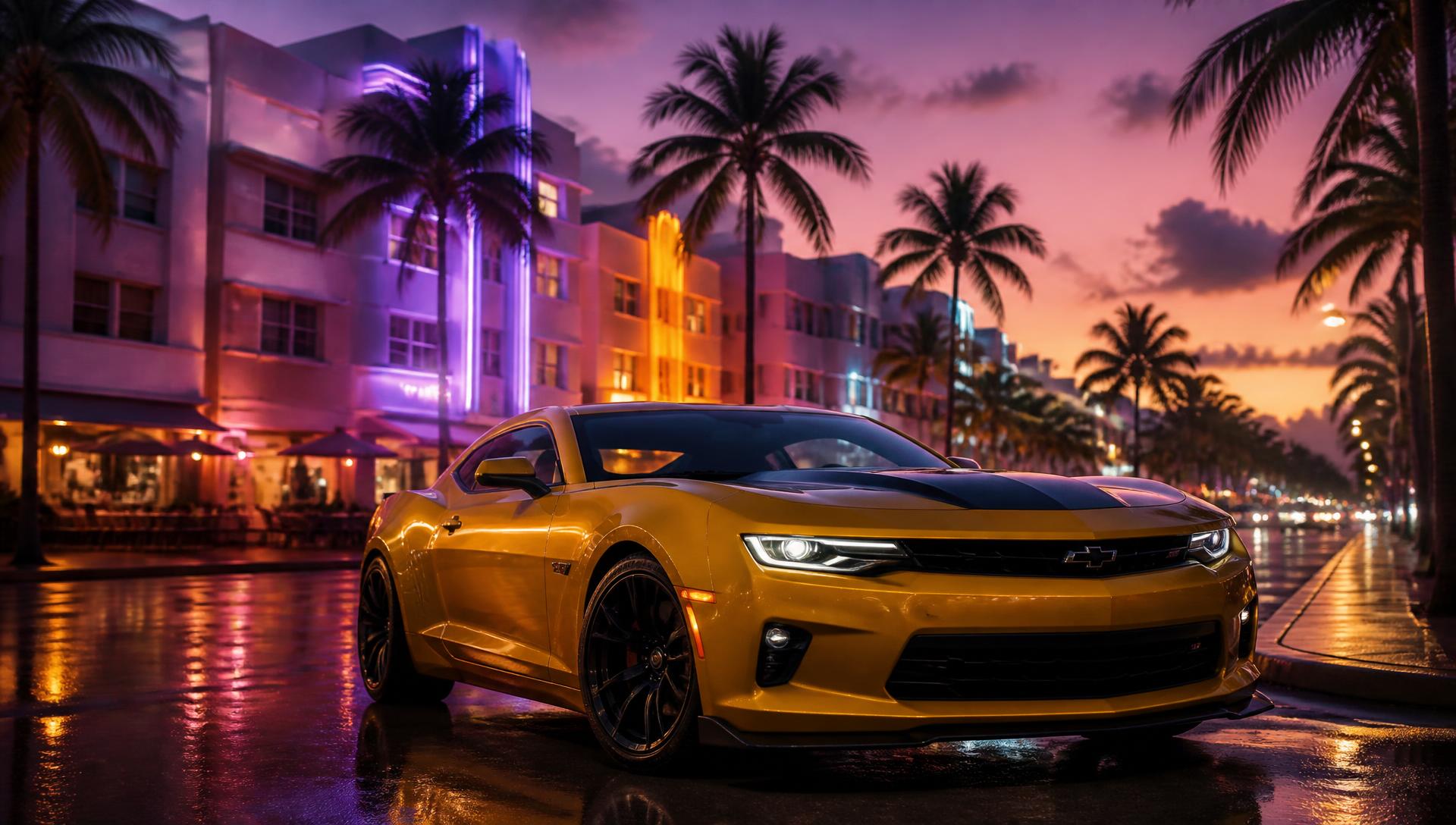 Chevrolet Camaro amarillo en Ocean Drive, Miami Beach, al atardecer entre palmeras y neones Art Déco